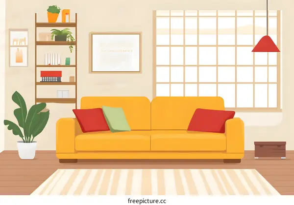 Yellow Sofa in Living Room with Large Window and Shelf