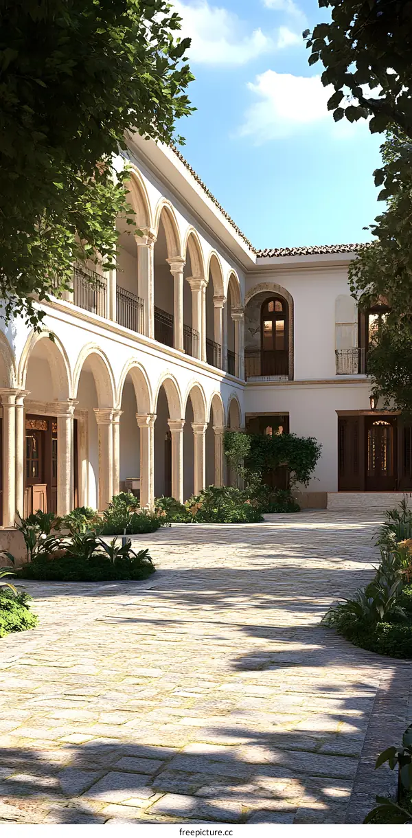 Spanish Style Courtyard with Arched Columns and Stone Flooring