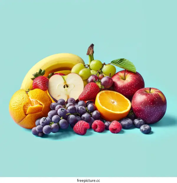 A variety of fruits including apples, grapes, bananas, oranges, and strawberries