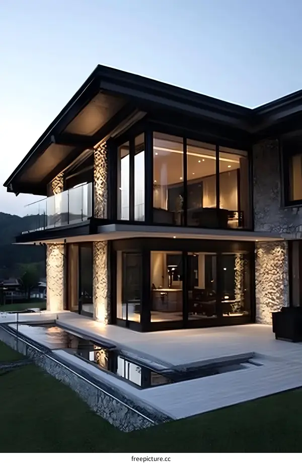 Modern Minimalist Home With Black Windows and Stone Exterior
