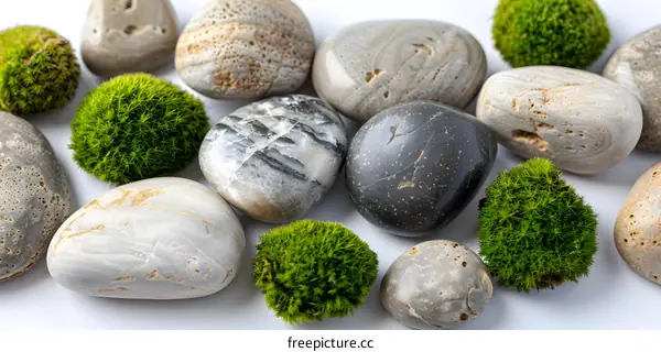 Close Up of Smooth Stones and Moss