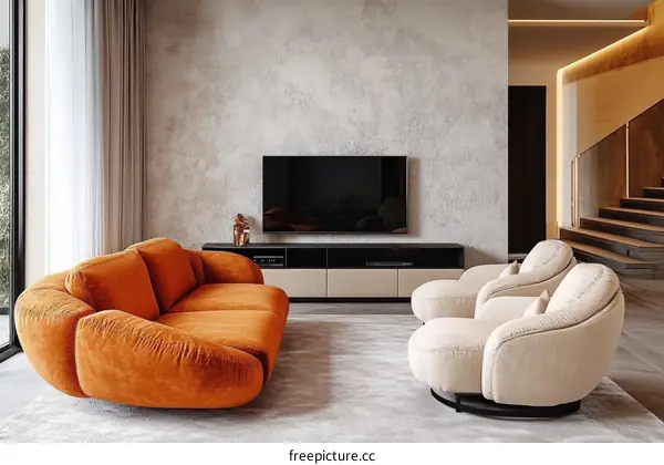 Modern Living Room Interior Design with Orange Sofa