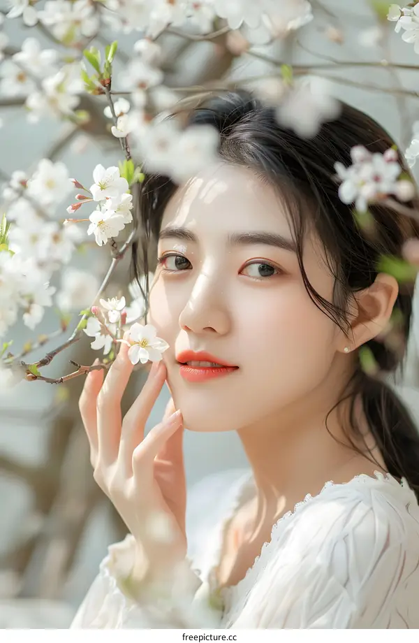 Beautiful Asian Woman with Cherry Blossom Flowers