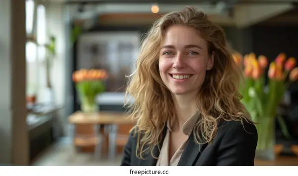 Portrait of a smiling young woman with long blond hair wearing a suit jacket