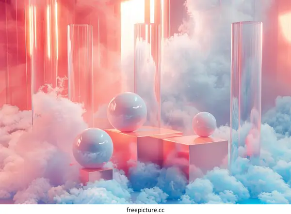 Abstract Pastel Cloud Scene with Geometric Shapes