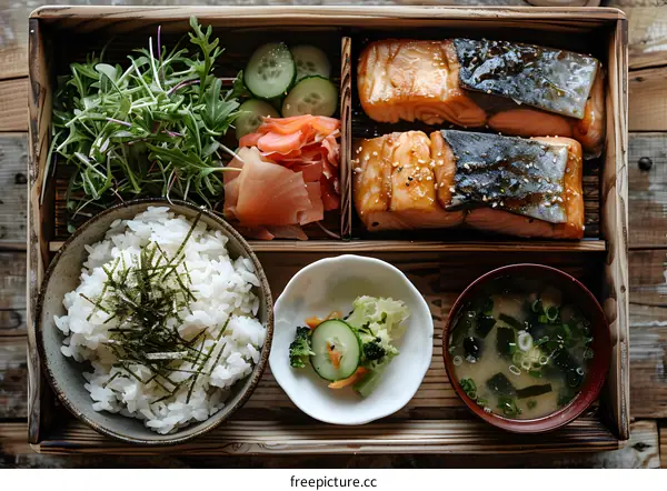 A delicious and healthy Japanese meal with rice, salmon, vegetables, and miso soup.