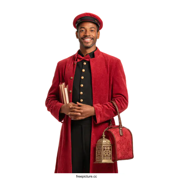 [Transparent Background PNG]African American Porter in Vintage Red Uniform