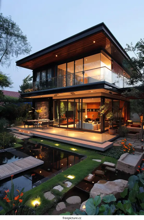 Modern House with Garden and Illuminated Pond