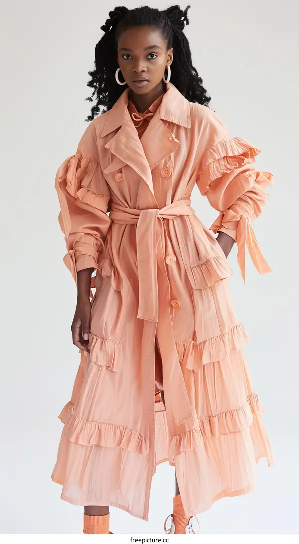 Black female model wearing an orange ruffle trench coat