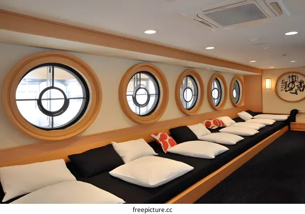 Japanese Style Room with Circular Windows and Cushions