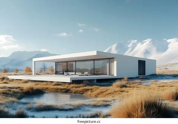Modern Minimalist House Design with Mountains in Background