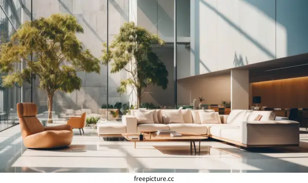 The sun shines through the glass window into the room with sofa and green plants