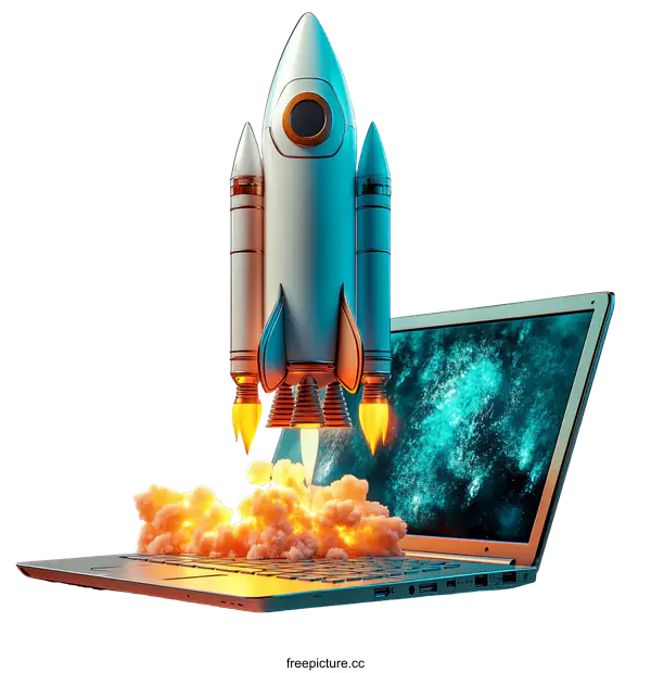 [Transparent Background PNG]Rocket Launching from Laptop Startup