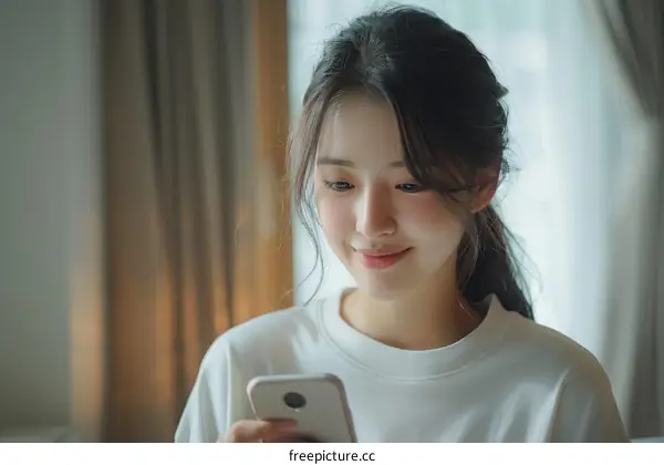 Asian woman smiling while looking at her phone