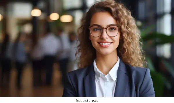 Portrait of a smiling young businesswoman wearing glasses in an office environment