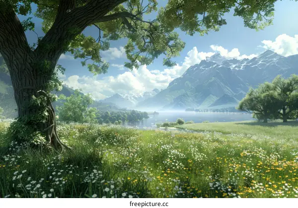 Awe-Inspiring Panorama of Mountains, Lakes, and Flowers