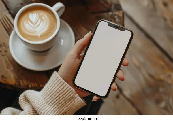 A woman holding a white phone with a cup of coffee on the side