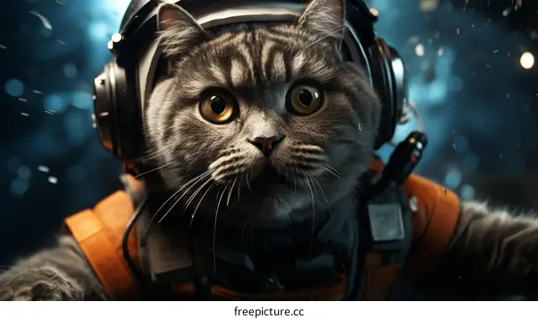 A cat wearing an astronaut helmet and headphones