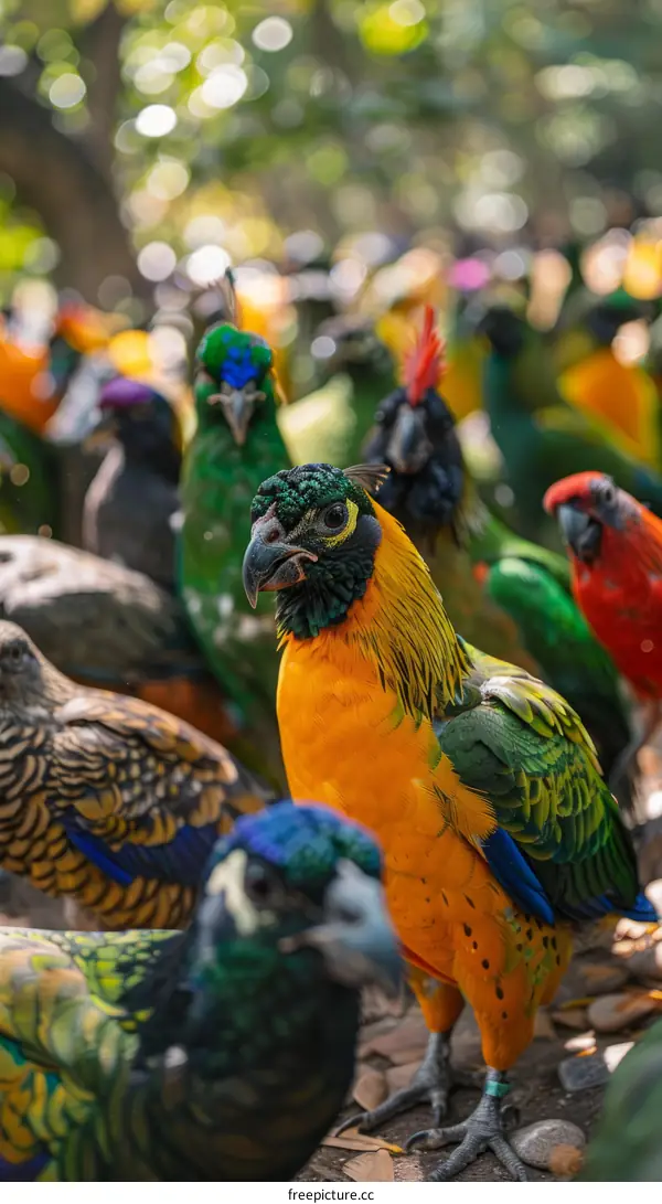 A group of colorful parrots in a lush green jungle setting