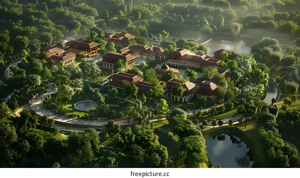 Aerial view of resort surrounded by forest