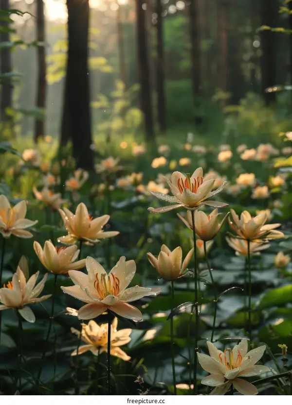 Close-up of white water lilies in a pond surrounded by a forest