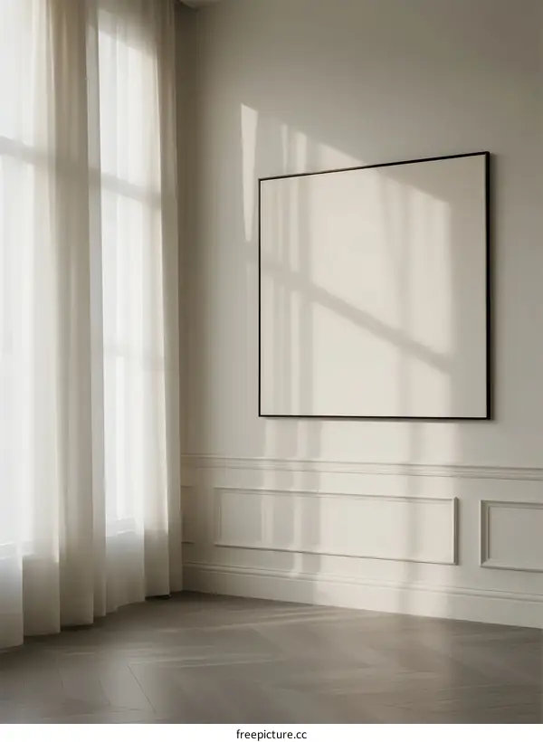 Minimalist Empty Room with Large White Frame and Sheer Curtains