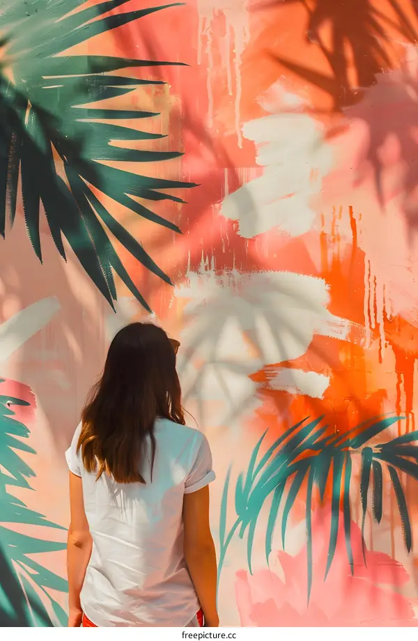 Woman Standing in Front of Tropical Mural Wall
