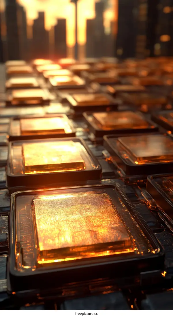 Abstract Technological Cityscape with Golden Tiles