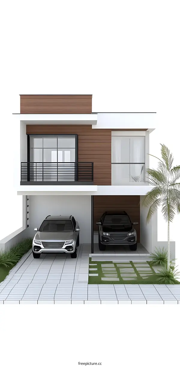 Modern House with Two Cars and Palm Tree