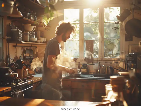Young man making coffee in the kitchen