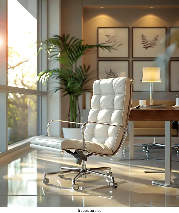 Modern office interior with white leather chair