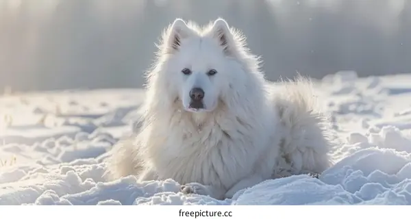 Samoyed dog lying in the snow