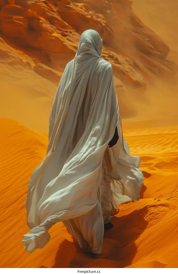 A person walking through a desert in a white cloak