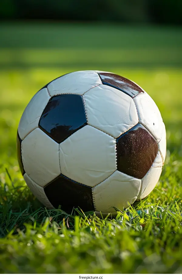 A soccer ball sits on the grass near the sideline of a soccer field