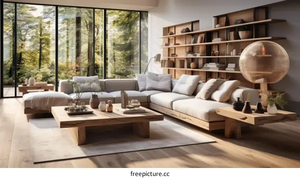 Airy and bright living room with large windows and wooden furniture
