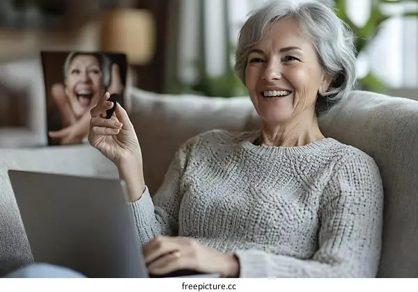 Happy Senior Woman Video Chatting with Friend