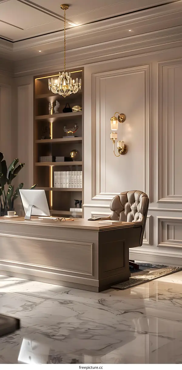 Luxury Home Office Interior Design with Marble Floor and Chandelier