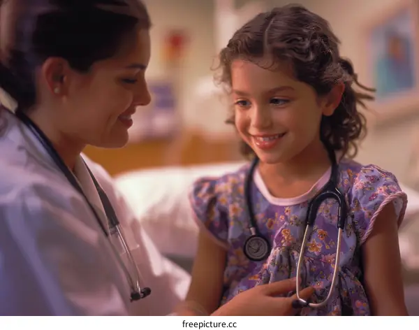 Hispanic female doctor with young female patient