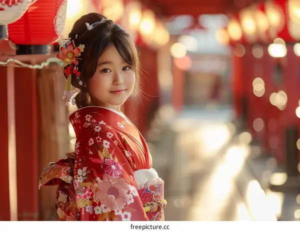 A young girl wearing a kimono stands in a traditional Japanese temple.