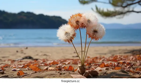 Beach, Dandelions, Autumn, Sky, Sea