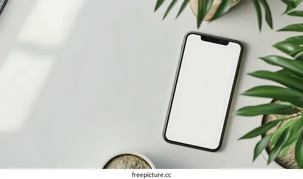 White Background With Phone And Green Plants Mockup