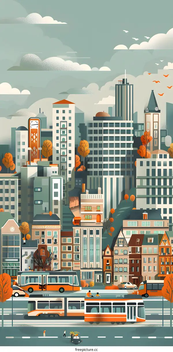 Cityscape Illustration with Buildings, Bus, Tram, and People