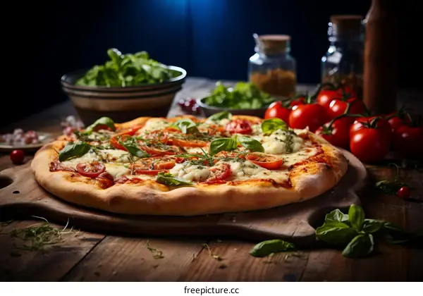 A delicious pizza sits on a table with tomatoes and basil