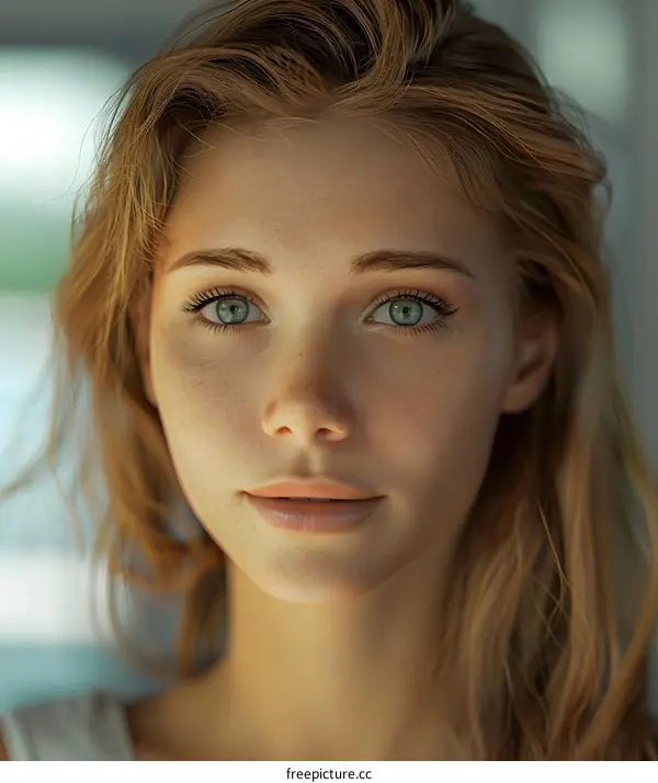 Portrait of Young Woman with Freckles and Blue Eyes