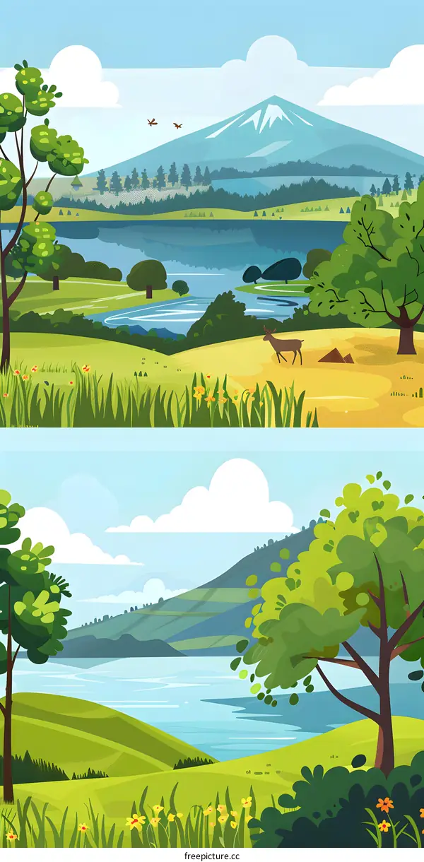 Peaceful Nature Landscape Illustration With Mountain Lake And Deer