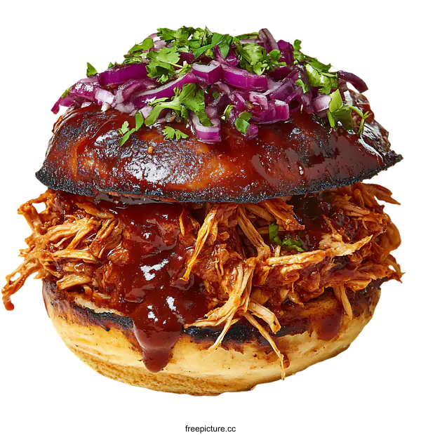 [Transparent Background PNG]Delicious Pulled Chicken Sandwich with BBQ Sauce