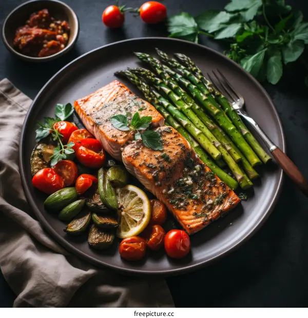 Roasted Salmon with Asparagus and Cherry Tomatoes