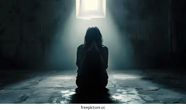 Silhouette of Woman Praying in a Dark Room