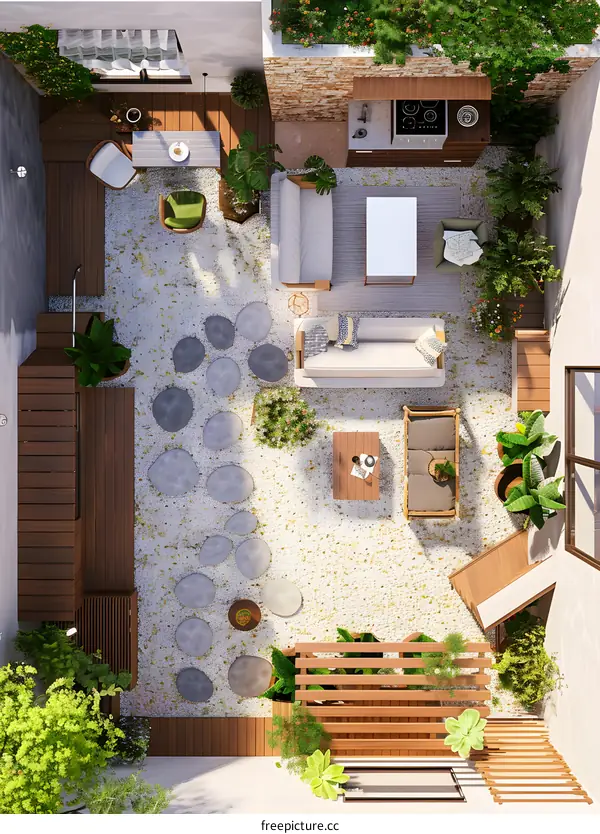 Modern Outdoor Patio Design With Stone Path and Wooden Decking