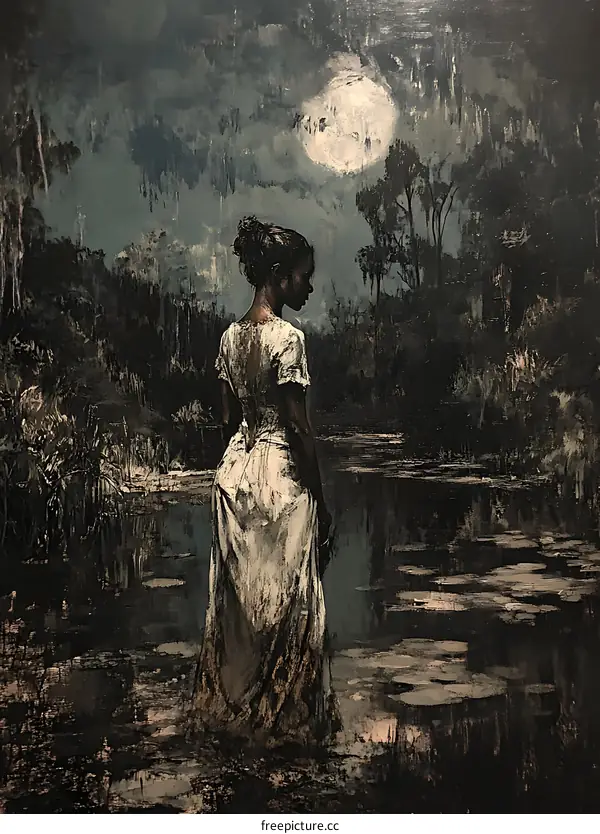 Woman in White Dress by the Water Under the Moonlight